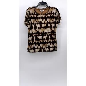 CALVIN KLEIN Women's Brown-Black Abstract Print Short Sleeve Crewneck Top M